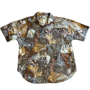 Vintage 80s Safari Animals Cotton Button Shirt Large Novelty